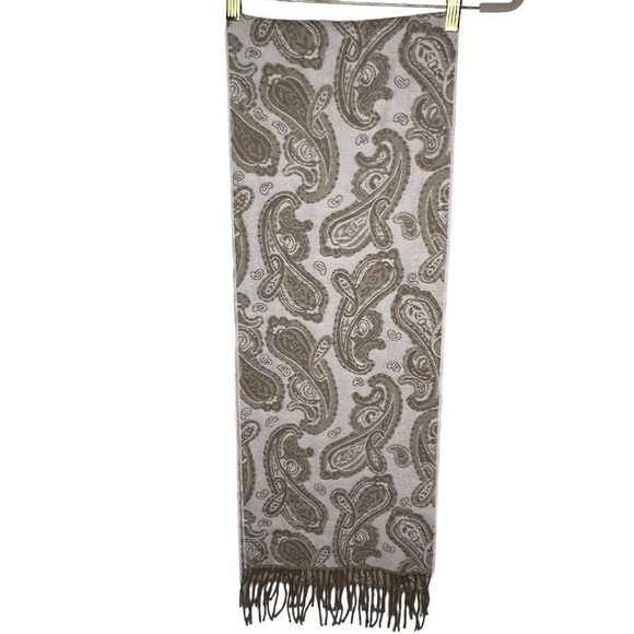 Cashmere Paisley Scarf Shawl with Fringe Beige White England Made Reversible - Picture 7 of 12